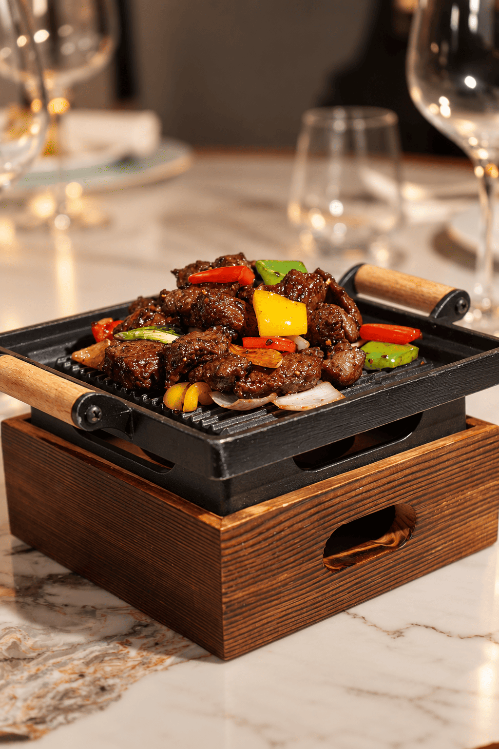 Plato de la casa servido sobre brasero de mesa